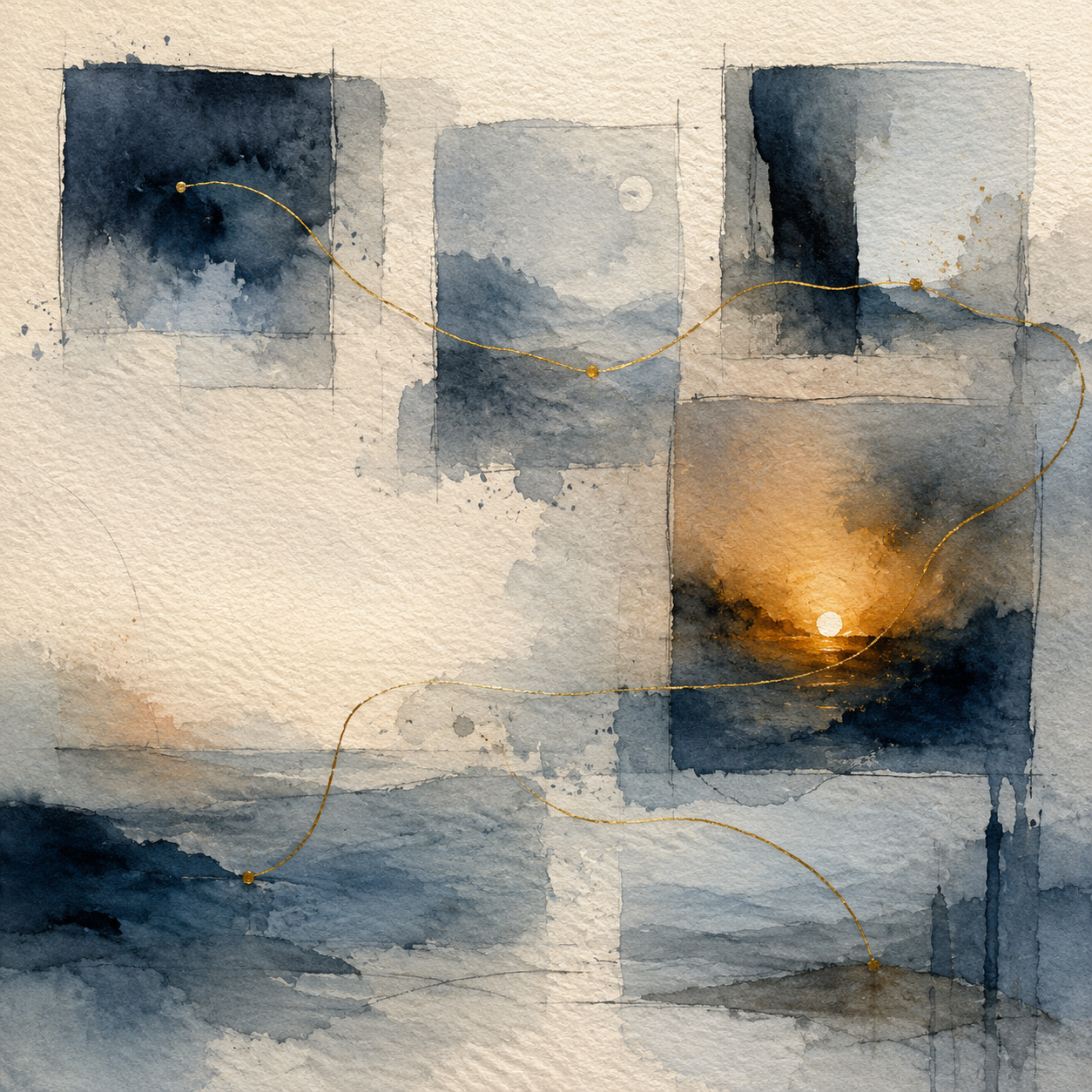 Indigo watercolor windows across textured paper are joined by a fine gold thread; a warm amber glow changes the path as it continues.