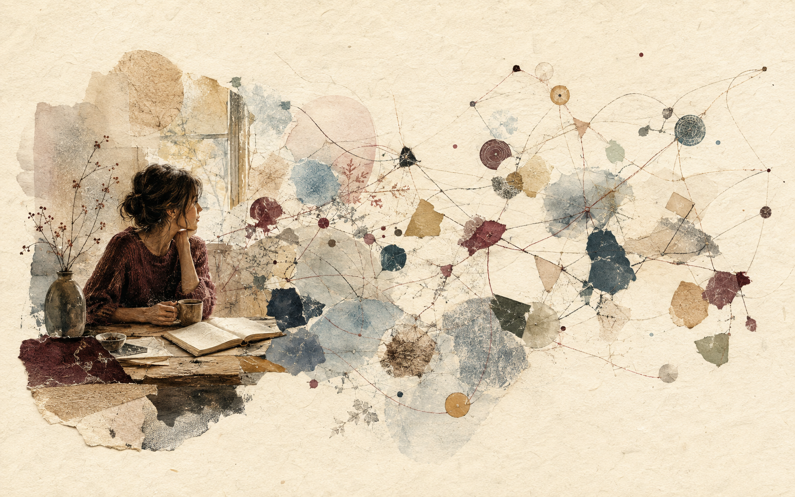A woman reflecting over an open journal as the lived moment dissolves into threads, collage fragments, and a constellation of connected memories.
