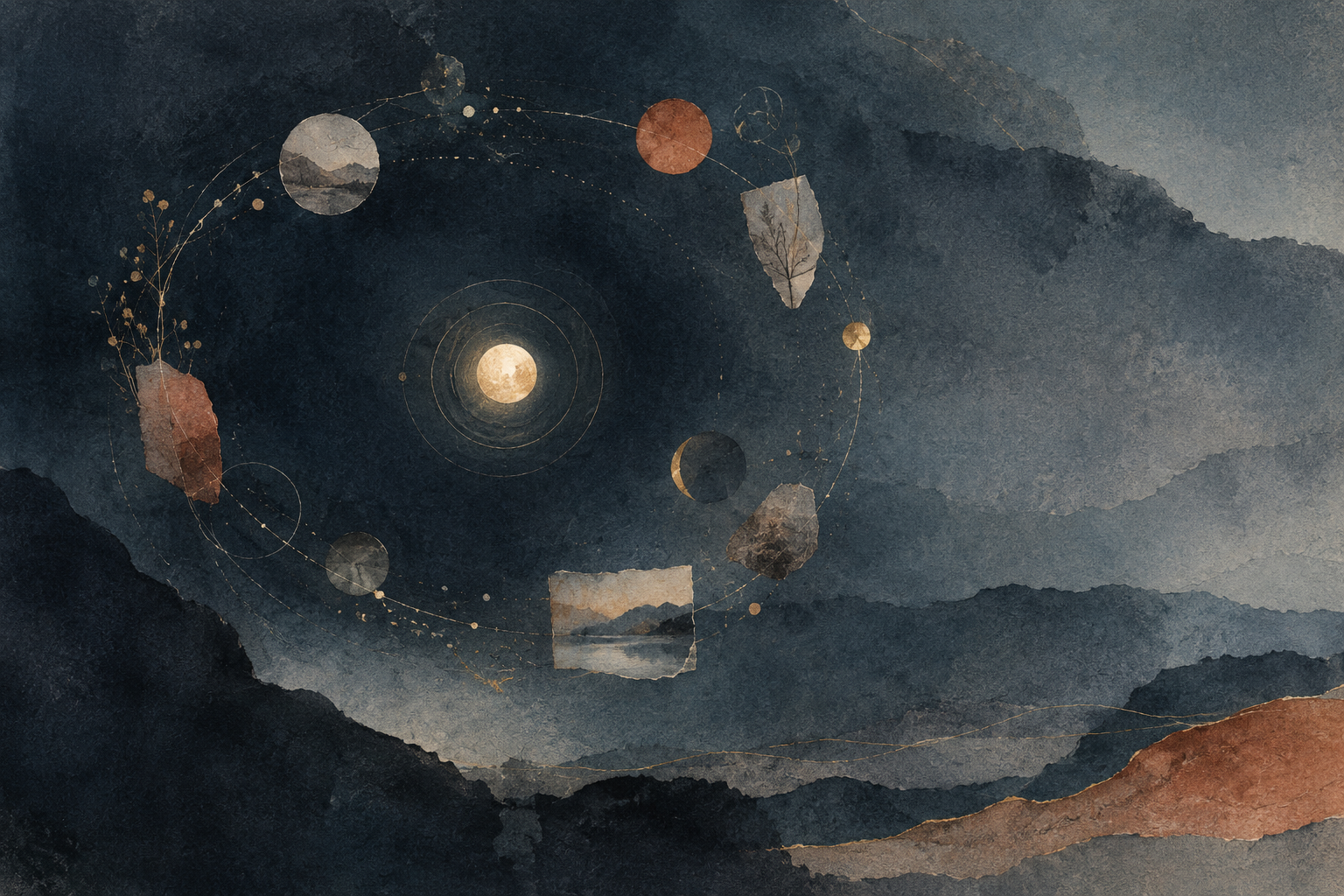 A small warm light sits within a loose orbit of memory fragments, returning lines, and quiet gold marks across a layered blue-gray watercolor landscape.