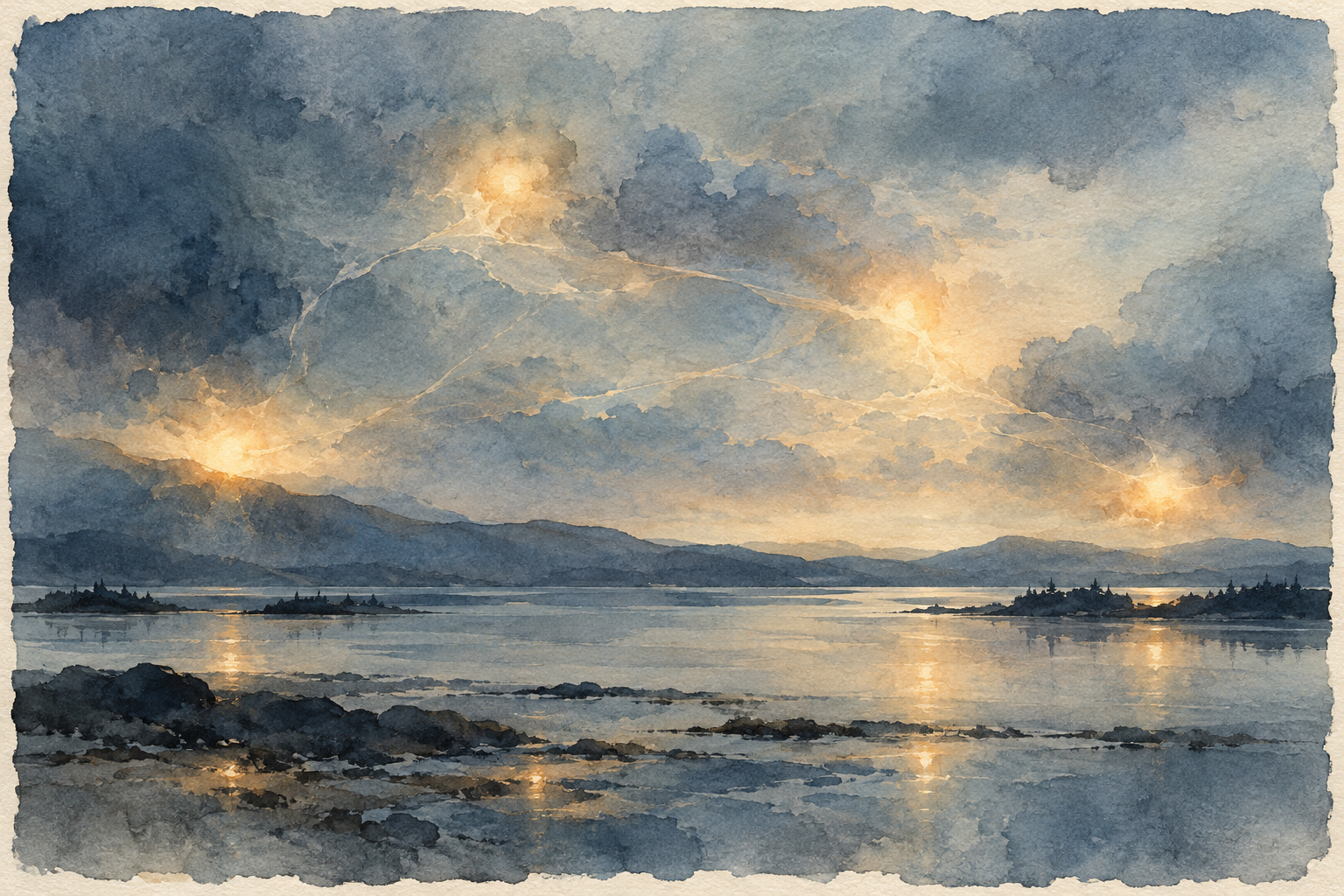 Three warm lights connect through fine watercolor threads across a spacious blue-gray landscape, suggesting intelligence taking shape in the space between distinct participants.