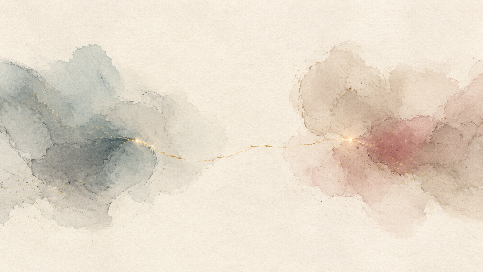 Two distinct abstract fields on warm handmade paper, connected by a fine golden thread.