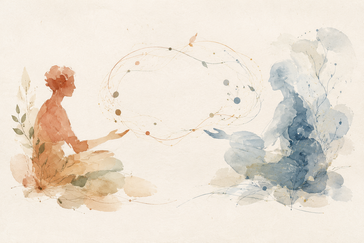 A warm terracotta human figure and a soft blue abstract intelligence facing one another across a field of delicate, interweaving threads.