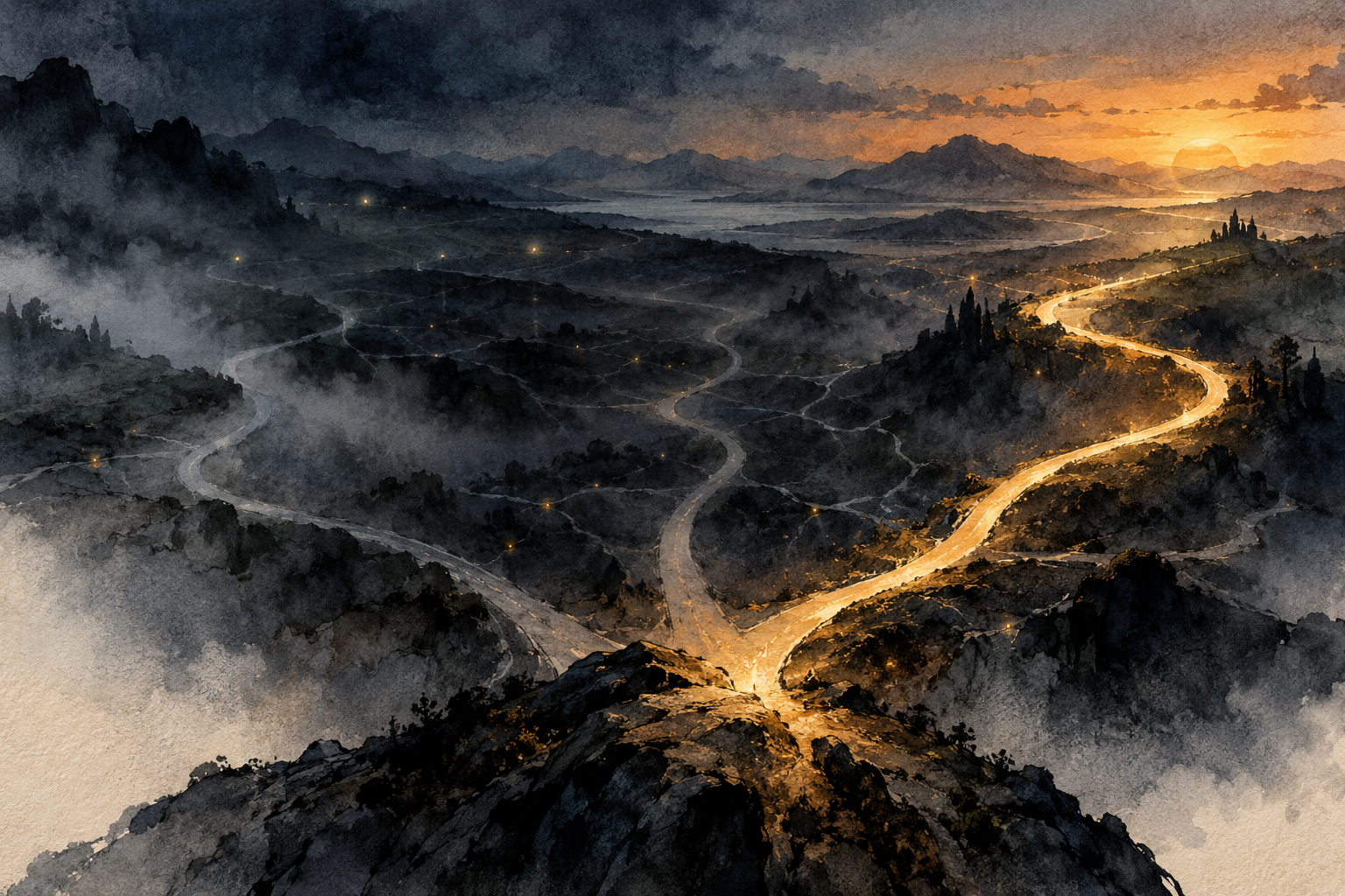 A branching dark landscape in watercolor, where one warm path becomes clear among fading routes.