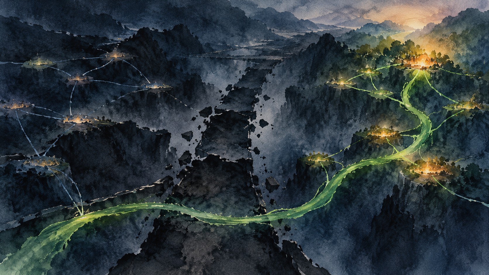 A dark fractured landscape crossed by a luminous green recovery path that reconnects warm islands of light.